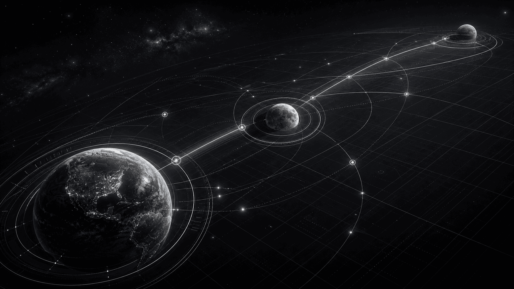 Abstract silver orbital communications grid connecting Earth, the Moon, and a distant Mars point